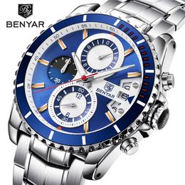 Benyar Fashion Business Dress Mens Watchs Top Brand Luxury Chronograph Chronograph Full Steel Imperproof Quartz Clock Support Drop169g