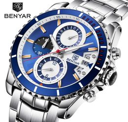 Benyar Fashion Business Dress Mens Watches Top Brand Luxe Chronograph Full Steel waterdichte Quartz Clock Support Drop6404223