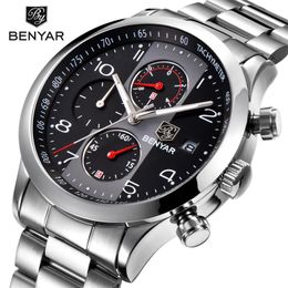 Benyar Fashion Chronograph Sport Horloges Men Roestvrij staal Riem Kwarts Watch Clock Relogio Masculino Reloj Hombre Black2941