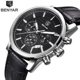 Benyar Fashion en acier inoxydable Chronograph Sports Mens Watchs Top Brand Luxury Quartz Business Watch Relogio Masculino 189r