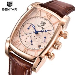 Benyar Luxury True Six-Pin Quartz Watch Classic Rectangle Case Sports Chronograph Men's Watches Rose Gold Erkek Kol Saati240a