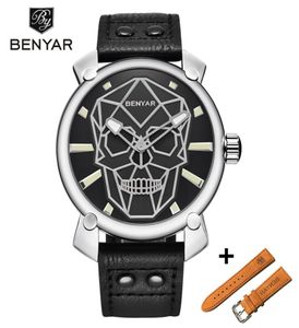 Benyar New Gold Skull Simple Watch Mens Set Luxury Fashion Leather Quartz Wristwatch Men Military Clock Relogie Masculino4530690