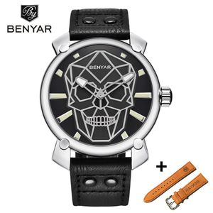 BENYAR Nieuwe Gouden Schedel Eenvoudig Horloge Heren Set Luxe Mode Lederen Quartz Horloge Mannen Militaire Klok Relogio Masculino244q