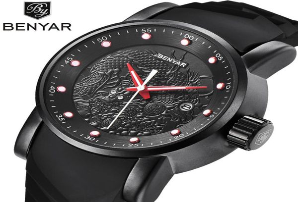 Benyar Watches Men Gold Dragon Watch Watch Male Quartz Wrist Wrists Big Dial Corloge étanche avec Calendar Reloj Hombre3919607
