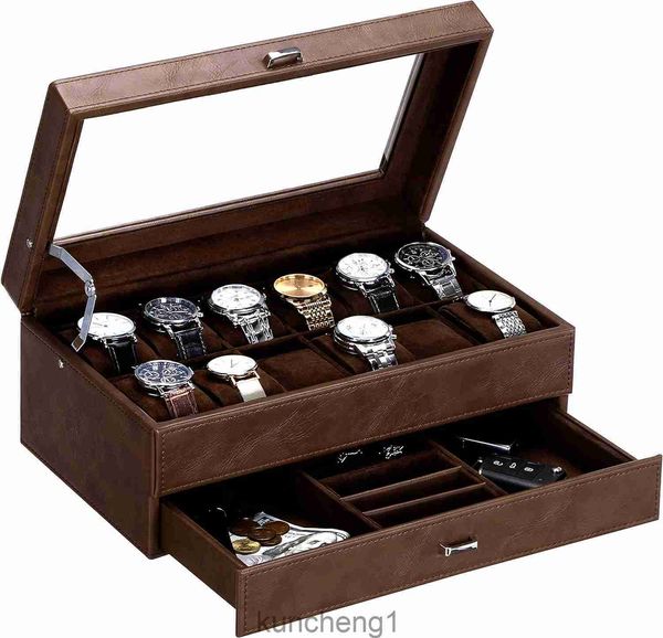 Beome Watch Box For Men Luxury Watch Organizer Faux Leather Watch Cape con cajón de joyas Bisagra de metal de vidrio real Brown SSH12Z