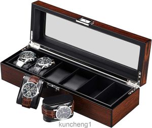 Beome Wooden Watch Box for Men - Luxury Watch Caja de vidrio real Interior de cuero sintético 6 de tragamonedas Organizador de relojes SSH06Y