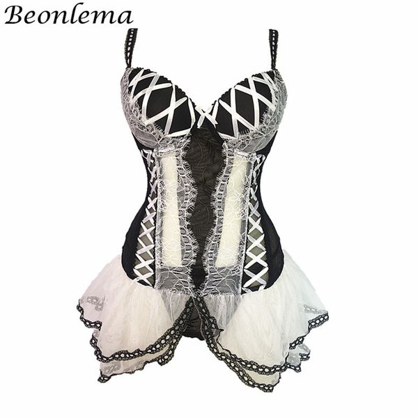 Beonlema Transparente Sexy Mujeres Clubwear Ropa interior Negro Underbust Corset Top Bustier de encaje Vestido Lolita Bayan Korse J190701