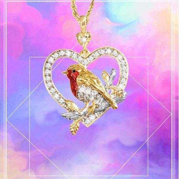 Berbeny encantador animal pájaro gorrión collar en forma de corazón colgantes de clavícula de clavícula de oro de la aleación del color de oro para mujeres1217s