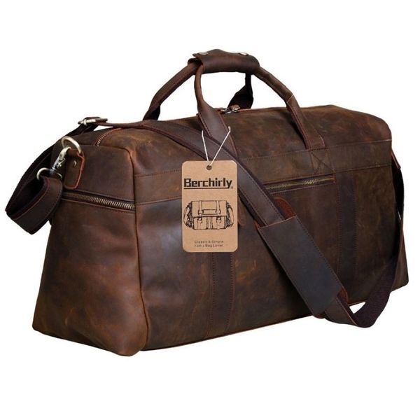 Berchirly Vintage Crazy Horse cuero genuino hombres equipaje de lona viaje Piel de vaca natural bolso grande de fin de semana Hangbag LJ2009222785