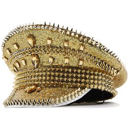Béret hommes Steampunk chapeau militaire avec rivet doré reine paillettes brûlant capitaine sergent Rave Festival Bachelorette partie 230831