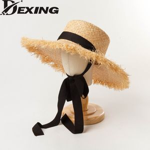 Beret Raffia UV Sun Hats Fashion Ribbon Girl Straw Hat 52cm Kids Head Summer Wide Brim UV Protection Ladies Beach 230823