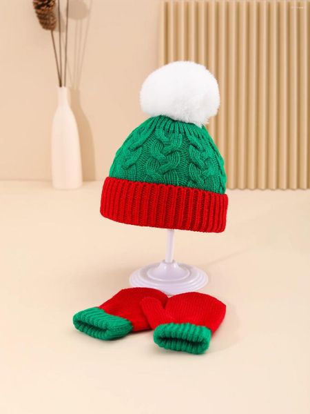 Bérets 0-8 ans bébé enfants tricoté chapeau et gant ensemble hiver casquette de ski en plein air filles garçon mignon chaud pompon bonnet pour la fête de Noël