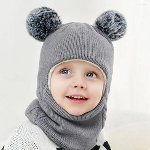 Bérets 1-7Y hiver bébé chapeau écharpe une pièce pompon tricot pour enfants col chaud casquette filles garçons coupe-vent bonnets infantile