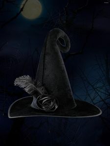 Bérets 1 morceau en laine noire Felt Feather décoré Halloween Party Hat Witch Devil Point Costume Amosphère