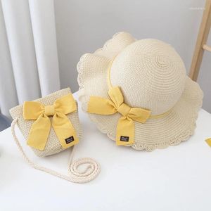 Bérets 1 ensemble enfants chapeau de soleil filles été sac de paille casquette bébé voyage Protection chapeaux de plage pêcheur pour enfant