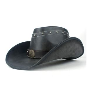 Beretten 100% lederen mannen Dames Zwart Western Cowboy Hat Wide Ram Outdoor Sombrero Hombre Cowgirl