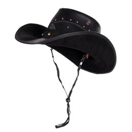 Bérets 100% cuir femmes hommes Western Cowboy chapeau été maille respirant Sombrero Hombre casquettes papa parrain chapeaux 2 Szie Plus SizeBe2475