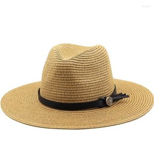 Bérets 10cm Brim Womens Summer Panama Chapeaux de paille large Place de chapeau de soleil pour hommes Fashion Upf Uv Protection Fedoras Cap Voyage