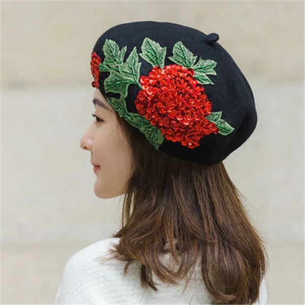 Boinas 11-shi gota invierno lana fieltro flor roja hojas verdes mano rebordear hermosa dama boina sombrero mujeres ocio pintor gorra 231013