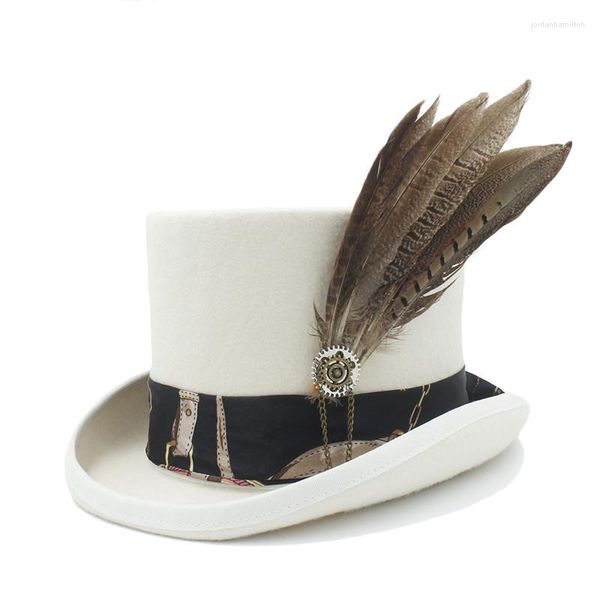 Bérets 13.5CM Top Femmes Hommes Blanc Steampunk Chapeau Avec Travail Manuel En Cuir Laine Fedoras / Cylindre Chapeau / Chimne Cap