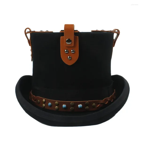 Bérets 15cm noir Steampunk chapeau haut-de-forme laine femmes hommes à la main chapellerie Fedora lunettes fête Cosplay casquette S M L XL