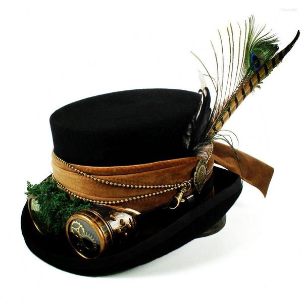 Bérets 15CM chapeau haut de forme laine femmes hommes Fedora magicien Steampunk avec des lunettes de vitesse faites à la main Cosplay Punk casquettes de fête