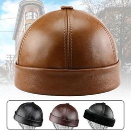 Berets 1 stück männer vintage echt leder beanie hut herbst winter samt warme brimless hüte motorhaube dad caps retro vermieter schädelkappe 230829