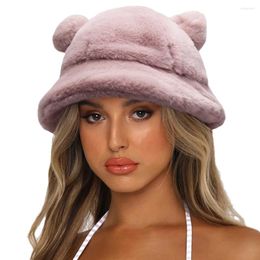 Boinas 1pc Sombrero de pescador suave con orejas de oso Cuenco de felpa engrosado Cubo cálido