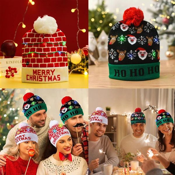 Boinas 1 unids LED LED Sombrero de Navidad Creativo Luz intermitente Punto Muñeco de nieve Invierno Color cálido Gorra Regalo Año