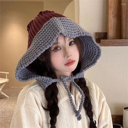 Bérets 2-en-1 col tricoté laine pare-brise casquette femme protéger les oreilles cent châle extérieur décontracté couleur féminine bloquée chapeaux larges