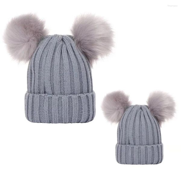 Bérets 2 ensembles chapeau parent-enfant automne et hiver pull bébé fileté double boule de laine tricotée