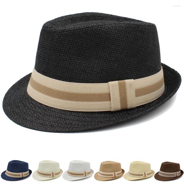 Bérets 2 tailles Parent-enfant Hommes Femmes Enfants Enfants Classique Paille Fedora Chapeaux Été Trilby Sunhat Jazz Caps Plage Voyage En Plein Air