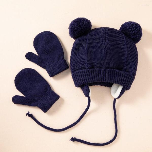 Bérets 2022 bébé enfants filles garçons hiver chaud tricot chapeau oreille solide mignon gant 2 pièces belle bonnet avec boule de cheveux