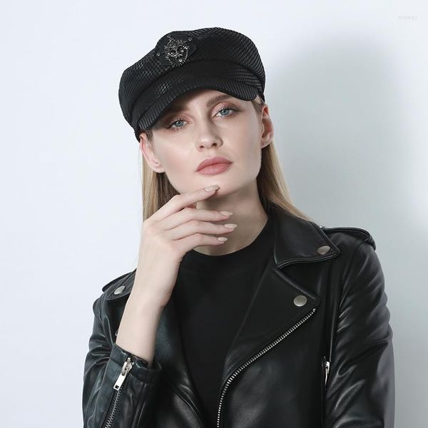 Bérets 2022 noir Plaid femmes rétro Vintage militaire en cuir véritable casquette mode plat armée véritable peau de mouton chapeaux pour femme