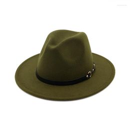 Berets 2022 Fashion Flat Wide Brim Men Women Wool Fedora Filt Hat Belt Buckle Decorated Vintage Chapeau Autumn Winter Jazz Trilby