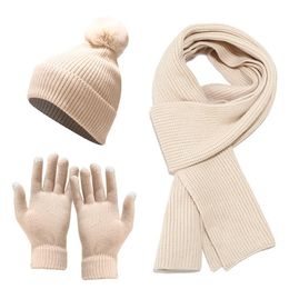 Beretten 2022 Fashion Ladies Herfst Winter Warm Solid Color Hat SjaGhandschoensets Gebreide vrouwen Dikke zachte wollen set