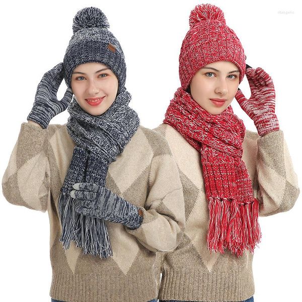 Bérets 2022 Mode Luxe Femmes Hiver Chapeau Et Écharpe Gants Ensemble Tricoté Chaud Dames Rouge Gris Bleu Blanc Foulards Pour Cadeau De Noël