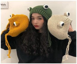 Bérets 2022 Fashion Femmes Crochet Tricit Frog Bandband Bonnet Beanie Carton Mignon Big Eyes Hat Winter Earflap Cap Po PropS2692091