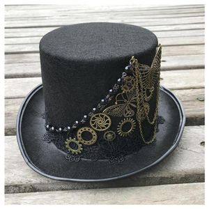 Bérets 2022 Haut de gamme Steampunk Top Hat avec équipement en métal pour hommes femmes Magic Bowler Taille 57CM