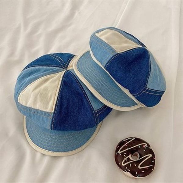 Bérets 2022 printemps et automne japonais denim patchwork hit couleur sboy chapeau tout-match section mince respirant octogonal femmes