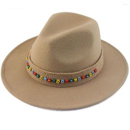 Berets 2022 Spring Elegant Women Artificial Wool Hat Colorful Seed Beads Flower Wide Woman Panama Sombrero Cap For Party Gift