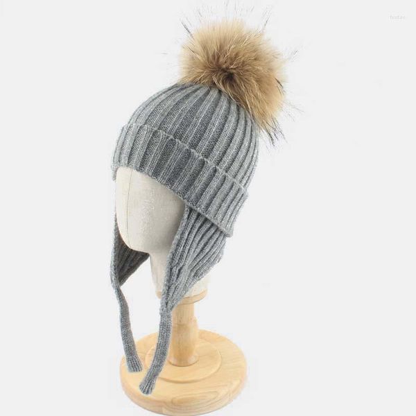 Bérets 2022 hiver Crochet bébé chapeau vraie fourrure pompon infantile enfant en bas âge casquette Bonnet doux bonnet couleur unie enfants tricoté