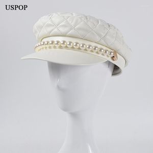 Bérets 2022 hiver chapeaux femmes perle Sboy casquettes plat diamant Plaid Militray visière CapBérets