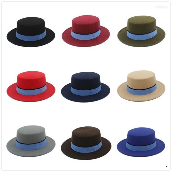 Boinas 2022 Lana Plana Homburg Fedora Sombrero Mujeres Hombres Invierno Autum Wide Brim Jazz Boater Pork Pie Top Caps Cinta azul