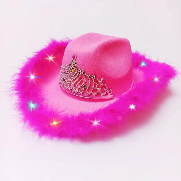 Boinas 2023 Adulto LED Bling Estilo occidental Tiara Sombrero de vaquera para mujeres Chica Pink Cowboy Cap Holiday Disfraz divertido Magia