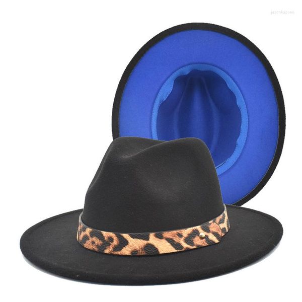 Bérets 2023 automne hiver laine Jazz chapeau haut de forme femme imprimé léopard ceinture bicolore Fedora pour femmes et hommes