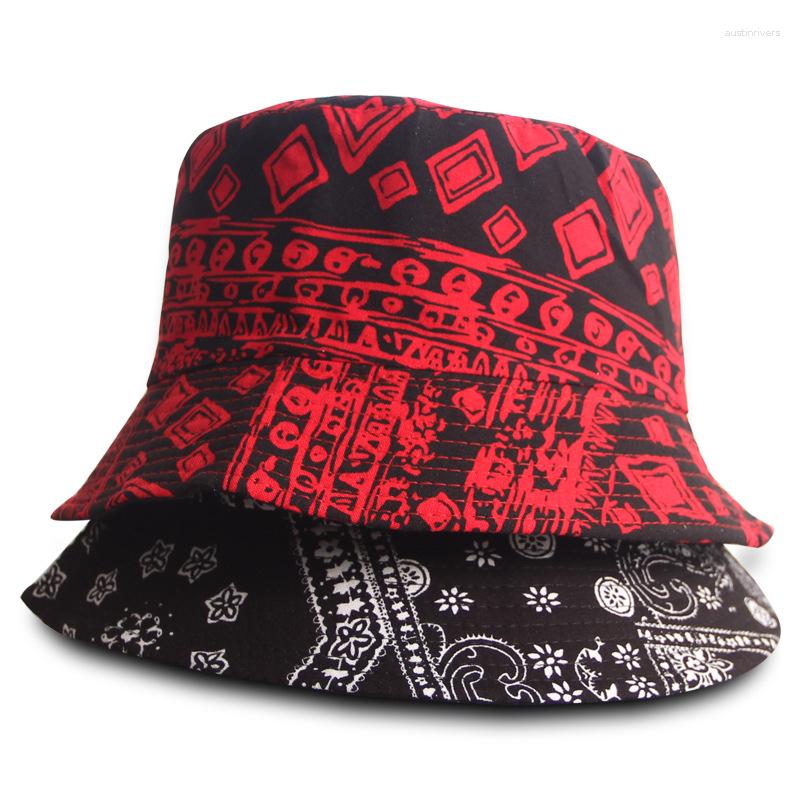 Boinas 2023 Preto Vermelho Design Chapéu Pescador Feminino Masculino Boné Algodão Paisley Basin Harajuku Protetor Solar Viagens Bucket Hats Feminino