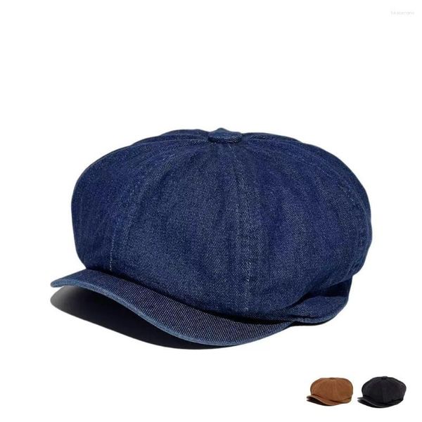 Bérets 2023 britannique rétro délavé vieux Denim octogonal chapeau coréen décontracté peintre Spaper béret Boina Mujer Bonnet bleu marine Baret