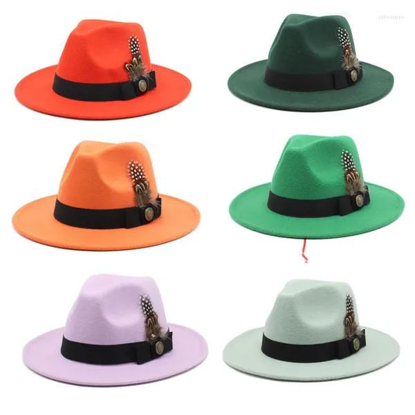 Boinas 2023 Cóncavo-convexo unisex femenino sombreros de fieltro pluma fedora sombrero de lana decorado jazz gorras estilo británico panamá ala ancha mujeres