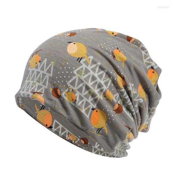 Boinas 2023 Algodón Otoño Invierno Skullies Cap Beanie Hat Bird Print Turban Bufanda Doble uso para hombres y mujeres 62